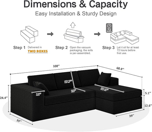 108-inch Boneless Couch for Living Room,Comfy Boneless Sofa with Deep Seats & Chaise Lounge, 3-Seat Modular Sofa Memory Foam Sectional Couches - No Assembly Required(Dark Black)