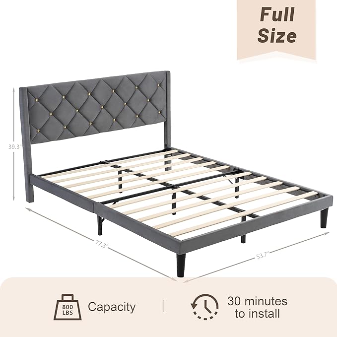 Full Size Platform Bed Frame with Velvet Upholstered Headboard and Sturdy Wooden Slats Support,Mattress Foundation,Easy Assembly, No Box Spring Needed,Slip Resistant (Grey, Full)