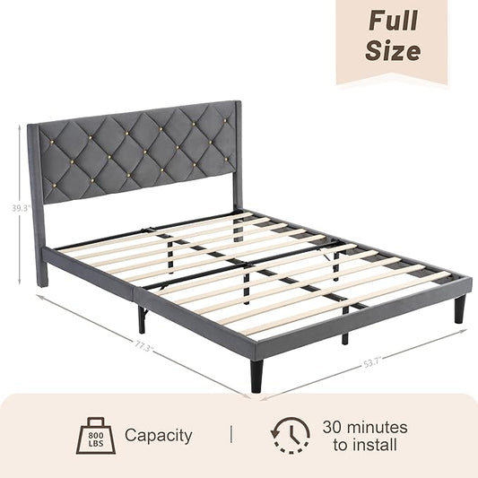 Full Size Platform Bed Frame with Velvet Upholstered Headboard and Sturdy Wooden Slats Support,Mattress Foundation,Easy Assembly, No Box Spring Needed,Slip Resistant (Grey, Full)
