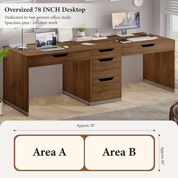 Two Person Desk with 5 Drawers, Double Desk with Storage for 2 People, 78 Inch Extra Long Computer Desk Workstation with File Drawer for Home Office, Brown