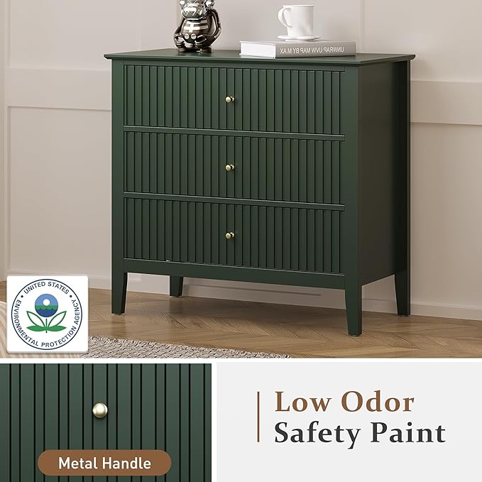 RoyalCraft Large 3 Drawer Dresser Set of 2, Fluted Chest of Drawers with Storage, Modern Painted 30 inch Tall Nightstand for Bedroom Living Room Entryway, Green