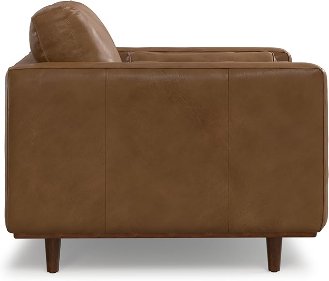 SIMPLIHOME Morrison Accent Chair - 43 inch Wide Upholstered Top Grain Genuine Leather Mid-Century Modern Arm Chair with Solid Wood Frame in Caramel Brown, for Living Room with 2 Bolster Pillows