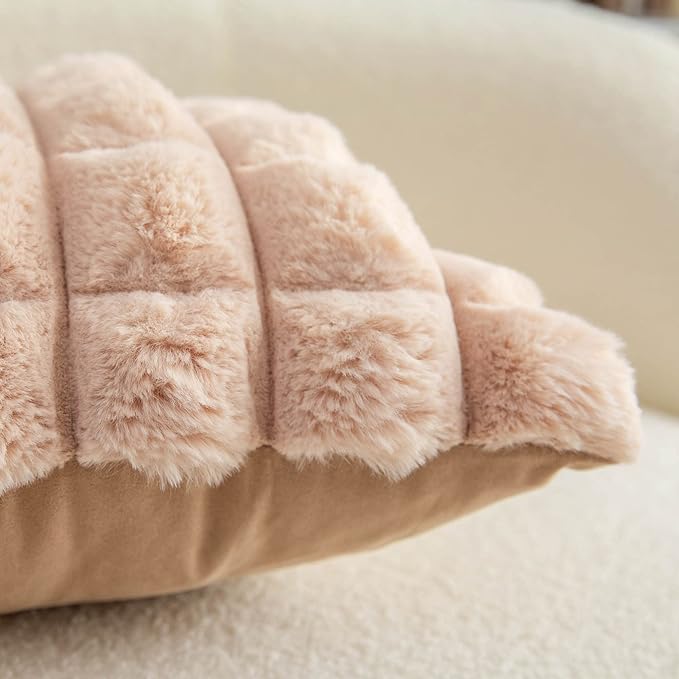 Neelvin Camel Faux Fur Cozy Soft Plaid Decorative Throw Pillow Covers 24x24 inch Set of 2,Velvet Pillowcase Cushion Case for Sofa Couch
