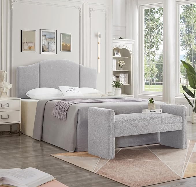 24KF Middle Century Upholstered Foldable Queen Headboard, Modern Boucle Teddy Fabric