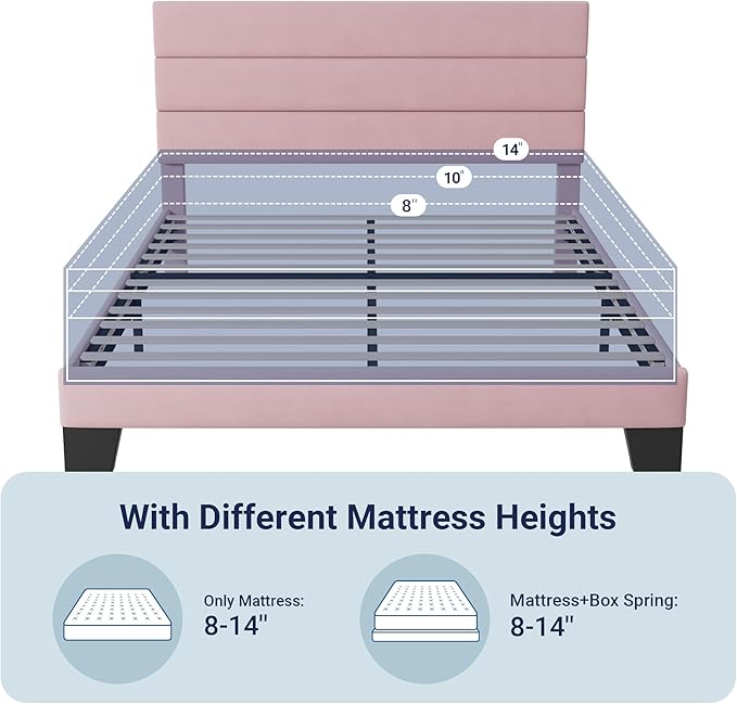 Allewie Full Size Platform Bed Frame with Velvet Upholstered Headboard and Wooden Slats Support, Fully Upholstered Mattress Foundation/No Box Spring Needed/Easy Assembly, Pink