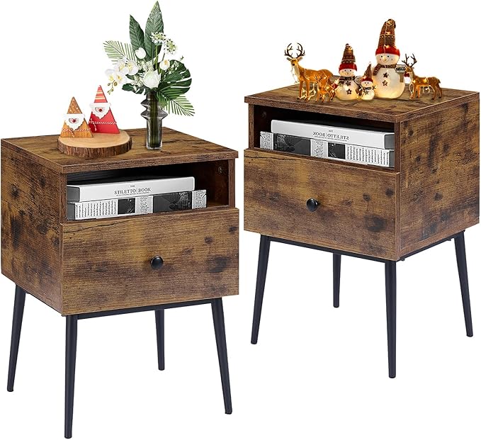 VECELO Modern Nightstands Set of 2,Square End Side Table with Drawer and Storage Space for Bedroom and Living Room