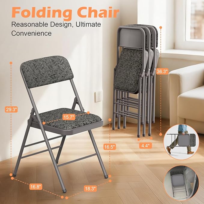 Commercial Grade Folding Chair with Padded Fabric Cushion(16"X16" |Double-hinged Legs Luxury Style|4.5kg Capacity Max Weight 150Kg for Home and Office,Indoor and Outdoor Events (4, Fabric-Grey)