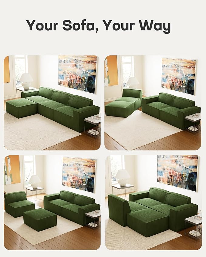 Marsail Modular Sectional Sofa, 111" L-Shaped Cloud Boneless Sectional Couch with Deep Seat, Freely Combinable Modern Sofa for Living Room, No Assembly, Plush Corduroy Fabric, Green