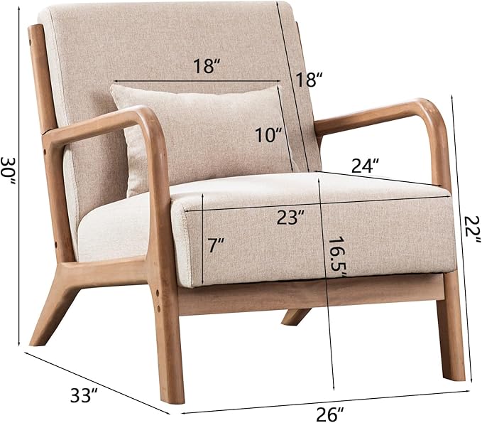 INZOY Mid Century Modern Accent Chair with Wood Frame, Upholstered Living Room Chairs with Waist Cushion, Reading Armchair for Bedroom Sunroom (Beige)