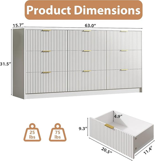 White Dresser for Bedroom, 9 Drawer Double Dresser, Modern Chest of Drawers for Bedroom, Living Room, Entryway and Closet, 63" L x 15.7" D x 31.5" H
