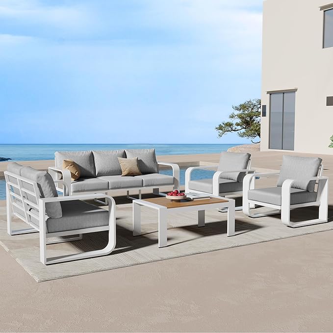Aluminum Outdoor Patio Furniture Set 5 Piece, Oversized Patio Conversation Sets Widened Armrest & Ultra-Thick Cushions, Deep Seating Modern Sectional Furniture for Backyard, Porch, White