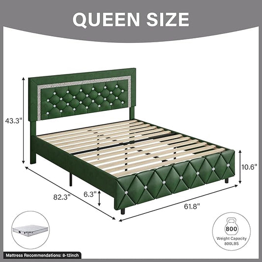 BarnFurin Queen Size Bed Frame with Headboard, Faux Leather Upholstered Bed with Diamond Tufted Design, Modern Bed Frame with Wooden Slats Support, No Box Spring Required, Easy Assembly, Green