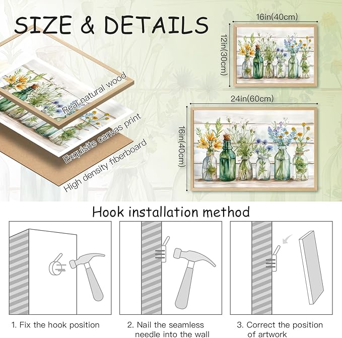 HLXRAE Wood Framed Green Bathroom Wall Art, Vintage Rustic Farmhouse Bathroom Wall Decor, Watercolor Floral Canvas Painting, Sage Green Plant Aesthetic Picture for Laundry Room Decor 16x24 inch