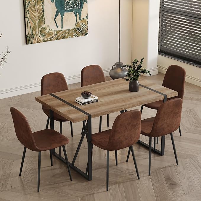 6 Chair Dining Table Set,Dinner Table Set for 6, 55'' Kitchen Table and Suede Nap Fabic Chairs Set of 6, 7 Piece Dining Table Set for Kitchen Dining Room