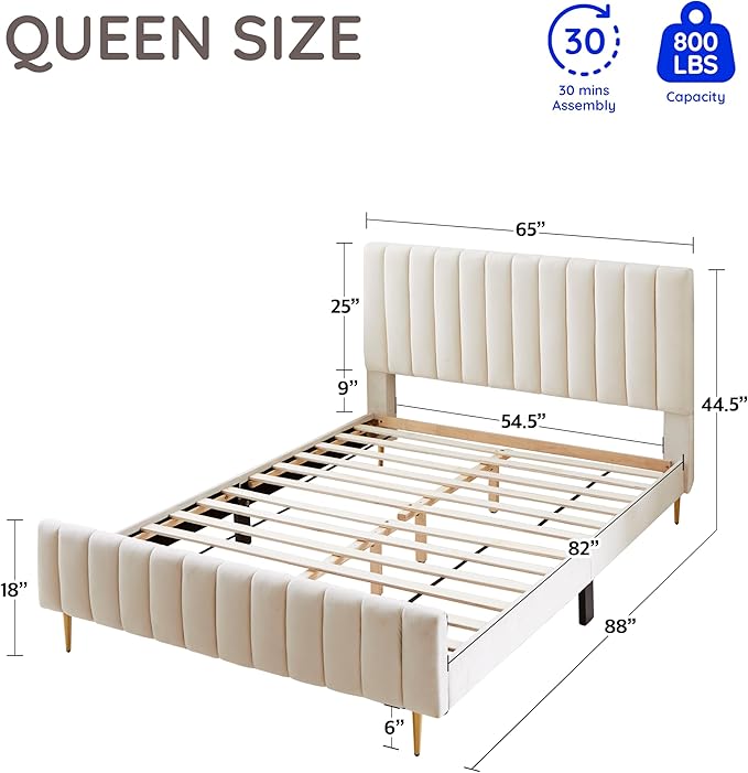 Livinia Queen Size Elton Velvet Platform Bed, Upholstered Bed Frame with Vertical Channel Tufted Headboard Footboard, Strong Wood Slats, No Box Spring Needed, Ivory (Queen)