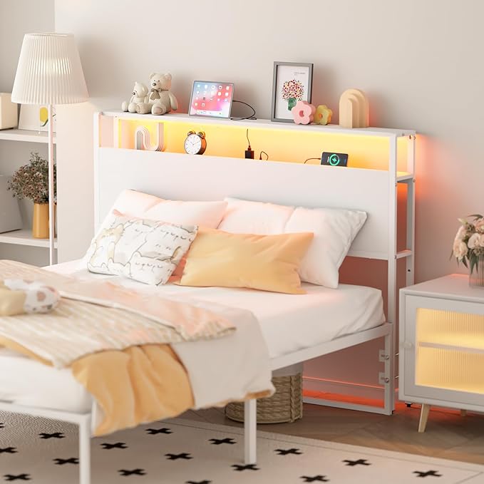 Full Sized Headboard with 2 Tiers Storage Shelves, Sturdy and Stable Headboard with Charging Station, USB Ports and LED Light for Full Bed Frame, White