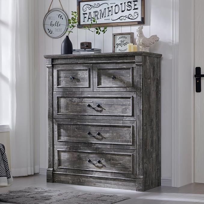 5 Drawers Dresser for Bedroom, Farmhouse 46" Tall Dressers & Chests of Drawers w/Roman Column, Wood Rustic Closet Dresser w/Two Different Drawer Sizes for Bedroom, Living Room, Light Grey