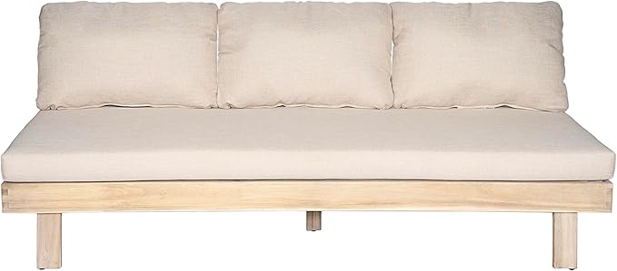 Christopher Knight Home Topia Acacia Wood Outdoor 3 Seater Sofa with Cushion, Wooden Patio Sofa Couch with Cushion, Comfy Armless Cloud Sofa Couch, Patio Furniture Sofa Set, Light Wash+Beige