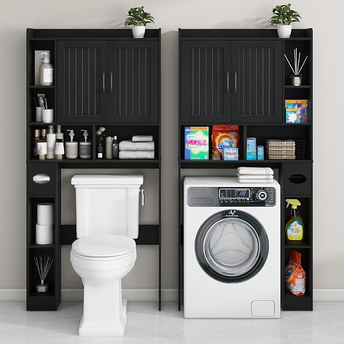 Vabches Over The Toilet Storage Cabinet, Farmhouse Storage Cabinet Over Toilet with Barn Door, Home Space-Saving Toilet Rack, for Bathroom, Restroom, Laundry(Black).