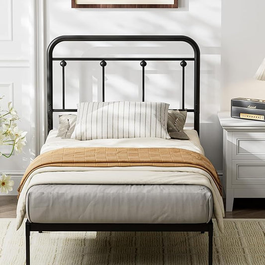 Black Metal Twin Size Headboard, Farmhouse and Vintage Style Dorm Headboards Only, Adjustable Height, Spindle Detail and Elegant Curves Design