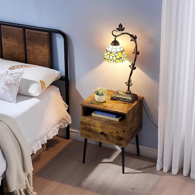 VECELO Modern Wood Night Stand,Square End Table Side Table with Drawer and Storage Space for Bedroom and Living Room