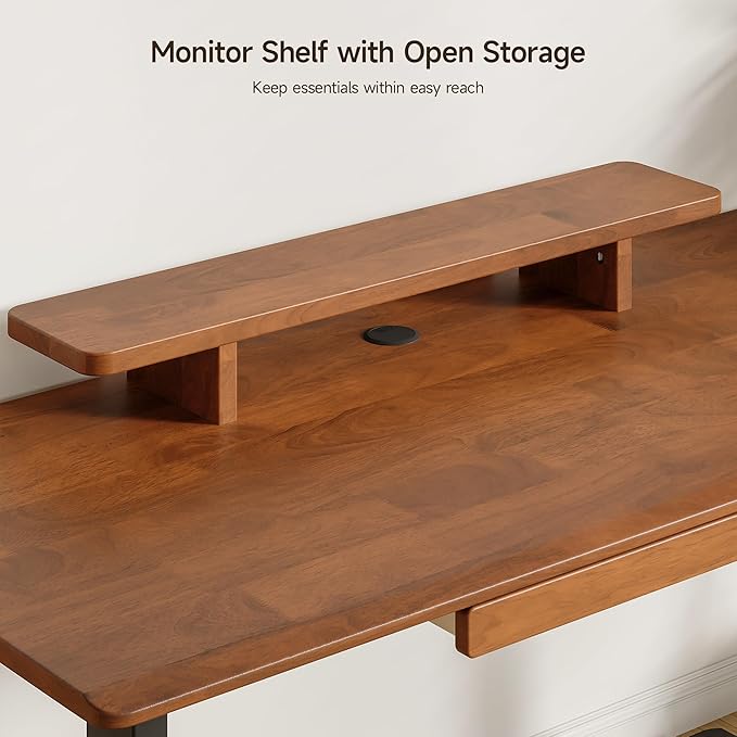 ONBRILL Standing Desk with Drawer, 55x23.6 Inches Solid Wood Desktop Stand Up Desk with Whole-Piece Board and Storage Shelf, Adjustable Height from 28-46 Inches for Home & Office, Brown