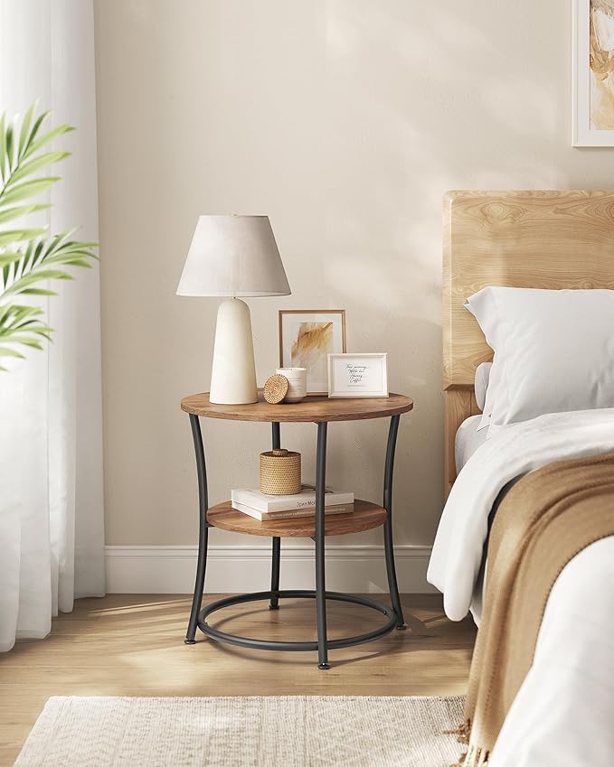 VASAGLE Side Table, 2-Tier Round End Table, Nightstand with Steel Frame for Small Spaces, Living Room, Bedroom, Honey Brown and Ink Black