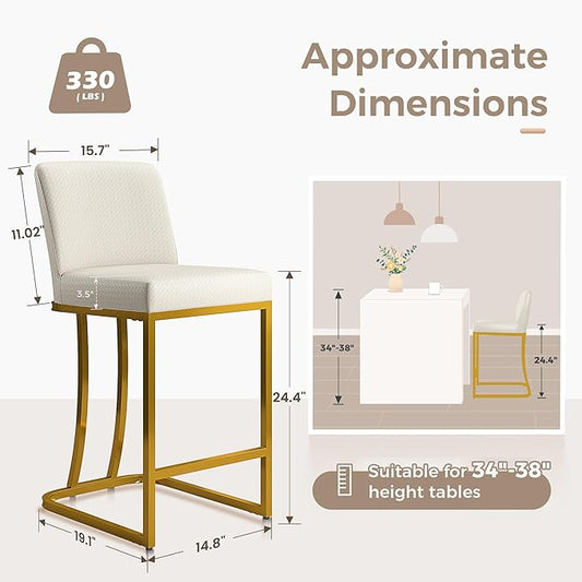 MAISON ARTS Off White & Gold Counter Height Bar Stools with Back Set of 6 for Kitchen Counter 24 Inch Modern Upholstered Faux Leather Barstools Farmhouse Bar Chairs Luxury Island Stools Support 330LBS