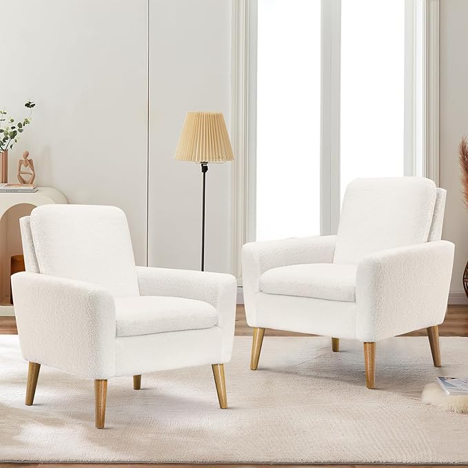 Lohoms White Accent Chair Set of 2 for Living Room, Fluffy Comfy Reading Leisure Chairs for Bedroom, White Teddy Upholstered Sherpa Armchair for Apartment, Small Boucle Sofa Chair with Wood Legs