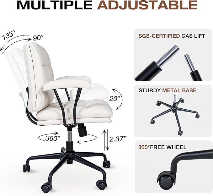 White Leather Desk Chair with Arms,Modern Office Chair with Lumbar Support,Removable Armrests, Height-Adjustable Swivel Medium Computer Chair for Home, Office, Dresser, Bedroom