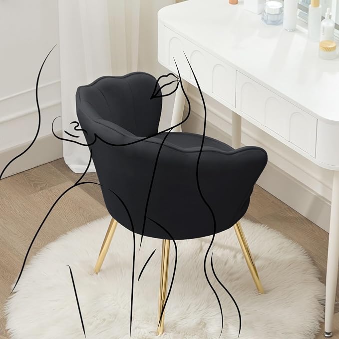 Velvet Vanity Chair with Back, Mid-Century Modern Small Accent Chair for Living Room, Golden Metal Legs Upholstered Makeup Chair, 1Pcs Bedroom Armchair, Black
