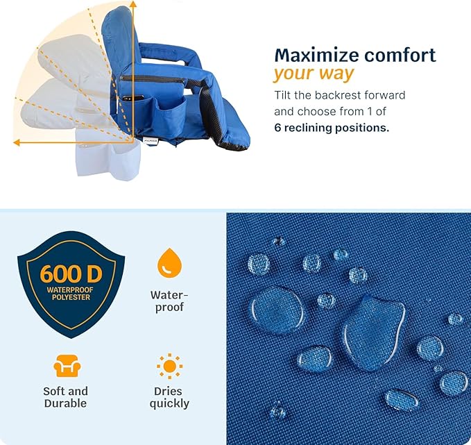 Alpcour Heated Reclining Stadium Seat for Bleachers – Wide Bleacher Chair with Back Support and Cushion, Armrests, Side Pockets, & Hook – Stadium Seats Chairs for Camping, Kayak, Paddle Board & More
