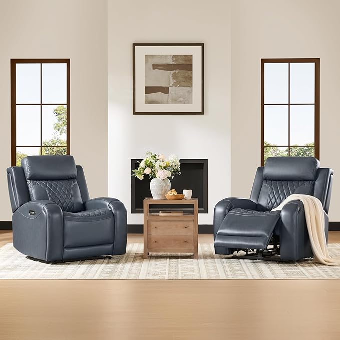 CHITA Genuine Leather Recliner Chair for Adults with Adjustable Power Headrest, Lay Flat Power Recliner with Slide-Out Cupholders & USB/Type-C Ports, Living Room Chair, Navy Blue