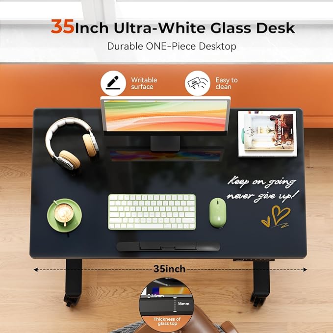Glass Standing Desk,35inch Whole Piece Rolling Sit Stand Table with Wheels,90° Tiltable Mobile Rising Height Adjustable,Foldable Top Suit for Small Laptop,Black
