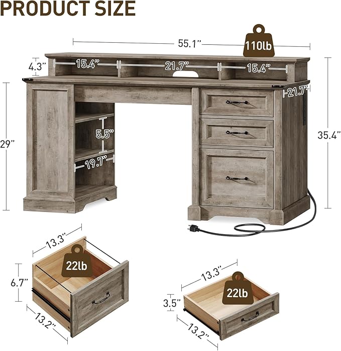 55'' Farmhouse Executive Desk with Drawers, Home Office Desk with File Cabinet and Storage Shelf, Charging Station, Computer Desk with Monitor Stand, Writing Gaming Desk, Greige