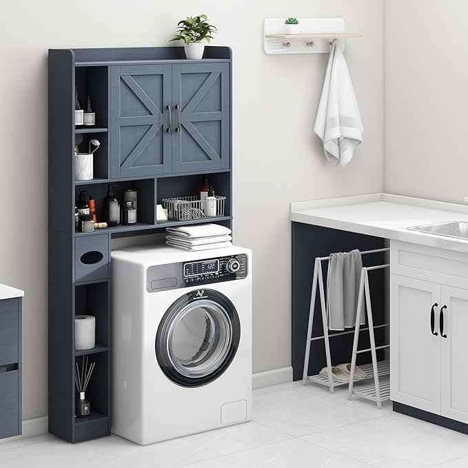 Vabches Over The Toilet Storage Cabinet, Farmhouse Storage Cabinet Over Toilet with 2 Barn Door & Toilet Paper Holder Stand,Home Space-Saving Toilet Rack, for Bathroom, Restroom, Laundry,Blue