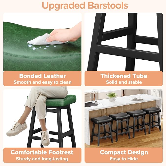 Counter Height Bar Stools Set of 3, 24 Inch Barstools for Kitchen Counter, Kitchen Stools with Faux Leather Saddle Seats & Heavy Duty Metal Legs, Easy Assembly, Forest Green