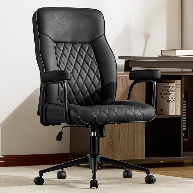 Leather Home Office Desk Chairs, Comfy Office Chair, Mid Century Modern Office Chair with Lumbar Support, Mid-Back Adjustable Swivel Computer Chair with Wheels and Arms, Black