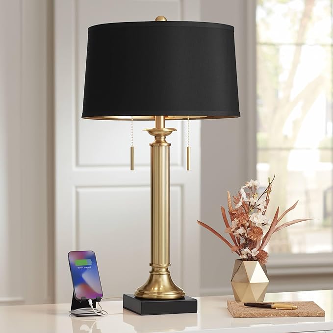 Possini Euro Design Wynne 30" Tall Traditional Glam Table Lamp with USB Ports A+C Charging Warm Gold Metal Black Drum Shade for Living Room Bedroom House Bedside Nightstand Office Reading Family