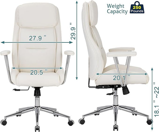 High Back Office Desk Chair,Ergonomic Reclining Office Chair,Modern Swivel Computer Chair,Conference Room Chairs,Cream White Leather Chair with Lumbar Support,330lbs