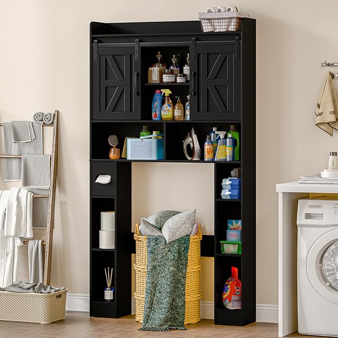 Farmhouse Storage Cabinet Over Toilet with Sliding Doors,Over The Toilet Storage Cabinet, Home Space-Saving Toilet Rack, for Bathroom, Restroom, Laundry.Pure Black