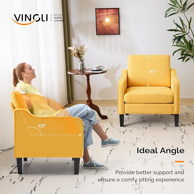 VINGLI Accent Chair for Living Room Chairs Yellow Reading Chair for Bedroom Scooped Arm Chair Mid Century Modern Accent Chairs Upholstered Comfy Chair for Apartment, Waiting Room