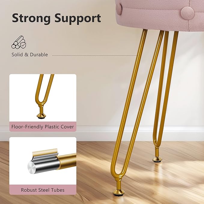 VECELO Round Vevlet Vanity Stool with Storage, 4 Metal Legs Vanity Seat with Anti-Slip Feet, Modern Vanity Chairs Footrest Furry Padded Seat, Space Saving, Easy to Clean for Makeup, Bedroom, Pink