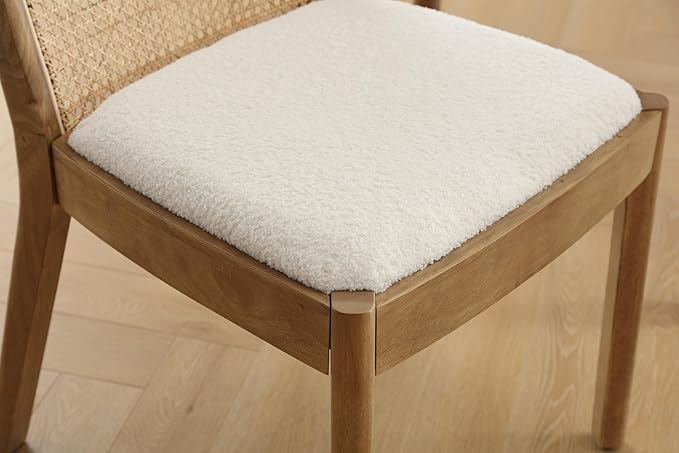 Upholstered Wooden Dining Chairs Set of 4, Farmhouse Kitchen & Dining Room Chairs with Cane Back, Accent Rattan Dining Table Chairs Sherpa Seat for Kitchen/Restaurant/Living Room, White
