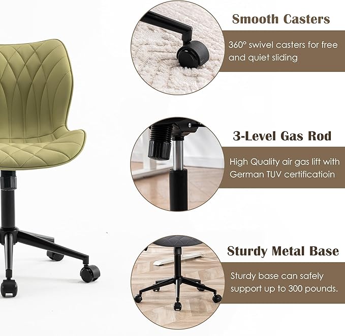 YOUNUOKE Armless Desk Chair Comfy Office Chair with Wheels Home Ergonomic Task Chair Adjustable Computer Chairs Modern Faux Leather Swivel Chair Upholstered Makeup Vanity Chair with Back(Avocado)