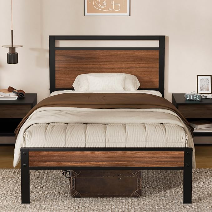 Z-hom Upgraded Twin Bed Frames, Heavy Duty Metal Sturdy Bed Frame Twin Size with Modern Wood Headboard & Footboard, Stable Platform Bed Furniture Bed Storage, No Noise, No Box Springs,Walnut