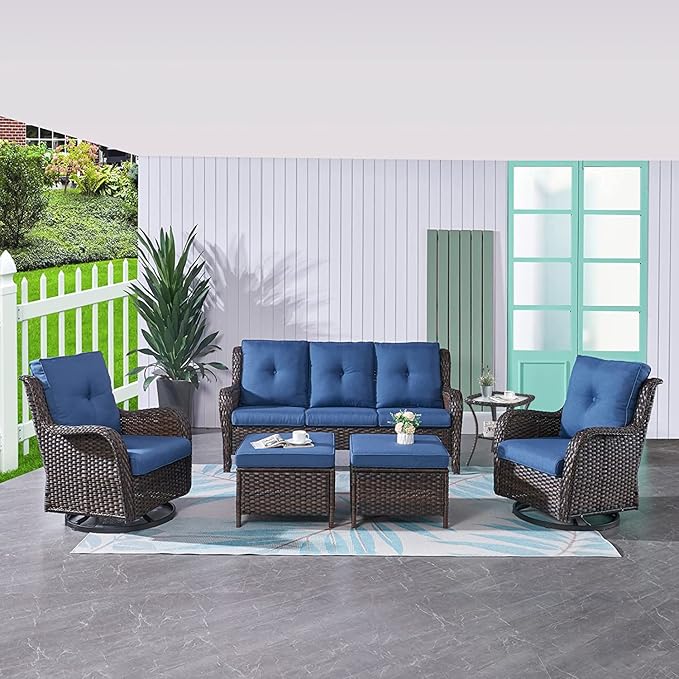 HUMMUH Patio Furniture 6 Pieces Outdoor Furniture Set PE Wicker Patio Couch with Swivel Glider Chairs,Patio Ottomans,Side Table