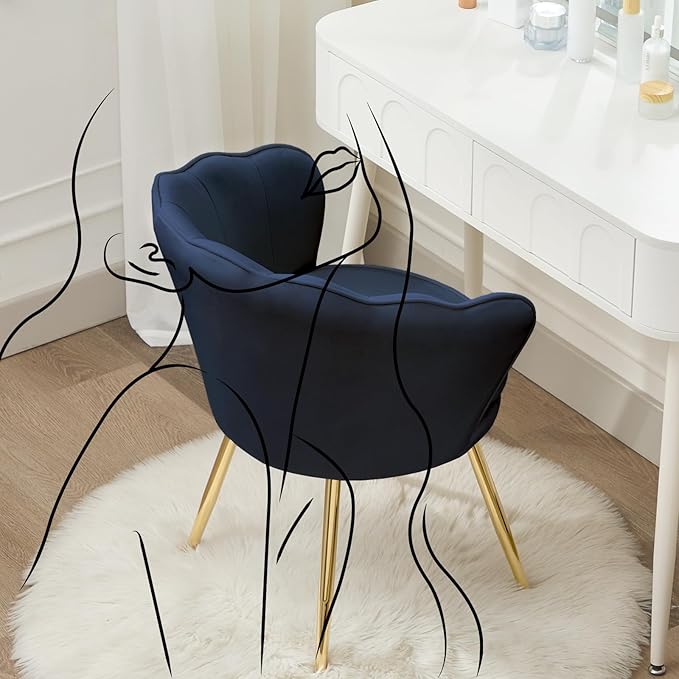 Velvet Vanity Chair with Back, Mid-Century Modern Small Accent Chair for Living Room, Golden Metal Legs Upholstered Makeup Chair, 1Pcs Bedroom Armchair, Dark Blue