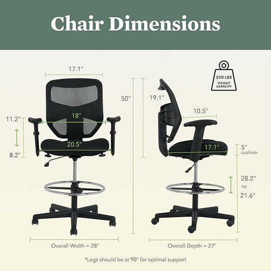 HON Prominent Mesh Ergonomic Standing Office Drafting Chair with Adjustable Arms, Footrest, 360 Swivel Task Chair for Computers, Desk, Home Office, Black