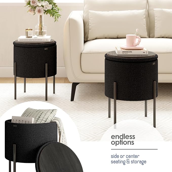 STORAGEBUD Round Ottoman with Storage, Boucle Storage Foot Stool, Makeup Vanity Stool, Small Ottoman Foot Rest, Modern Ottomans for Living Room and Bedroom, Black